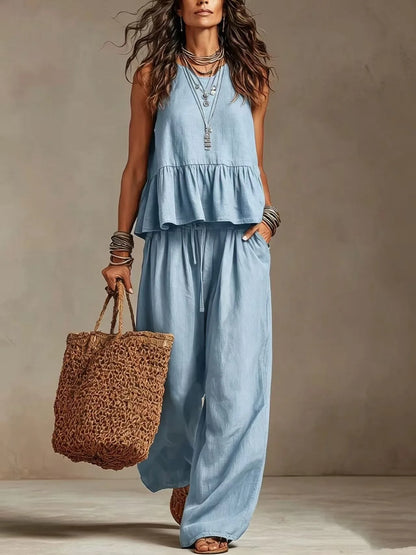 Women's Boho Linen Wide Leg Pant Set