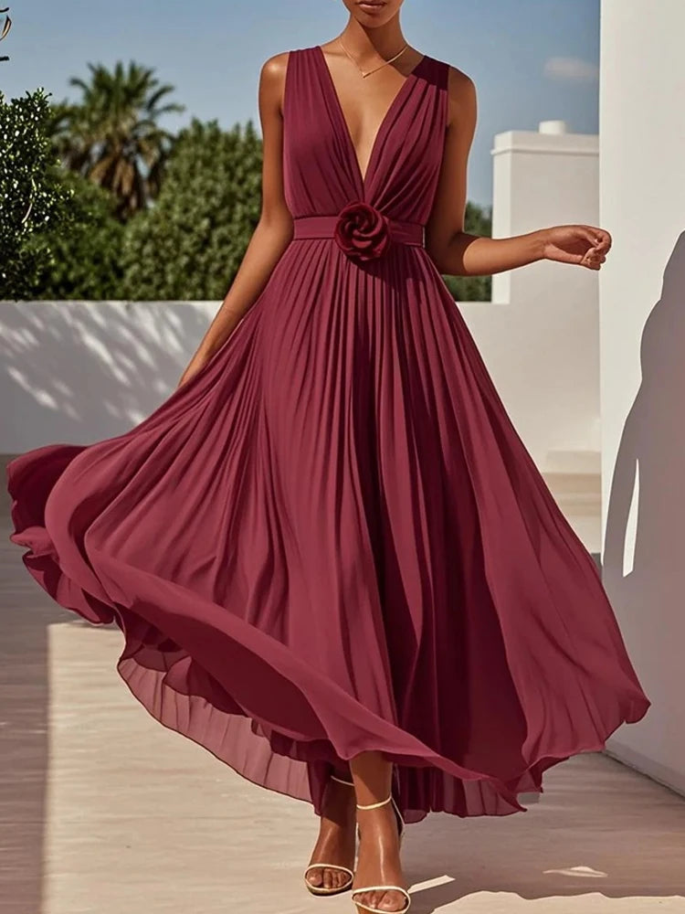 Aurora Pleated V-Neck Maxi Dress