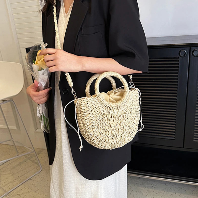 Handwoven Straw Half-Moon Bag