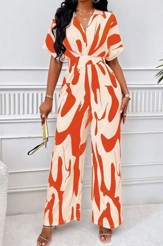 Elegant Printed Batwing Sleeve Jumpsuit