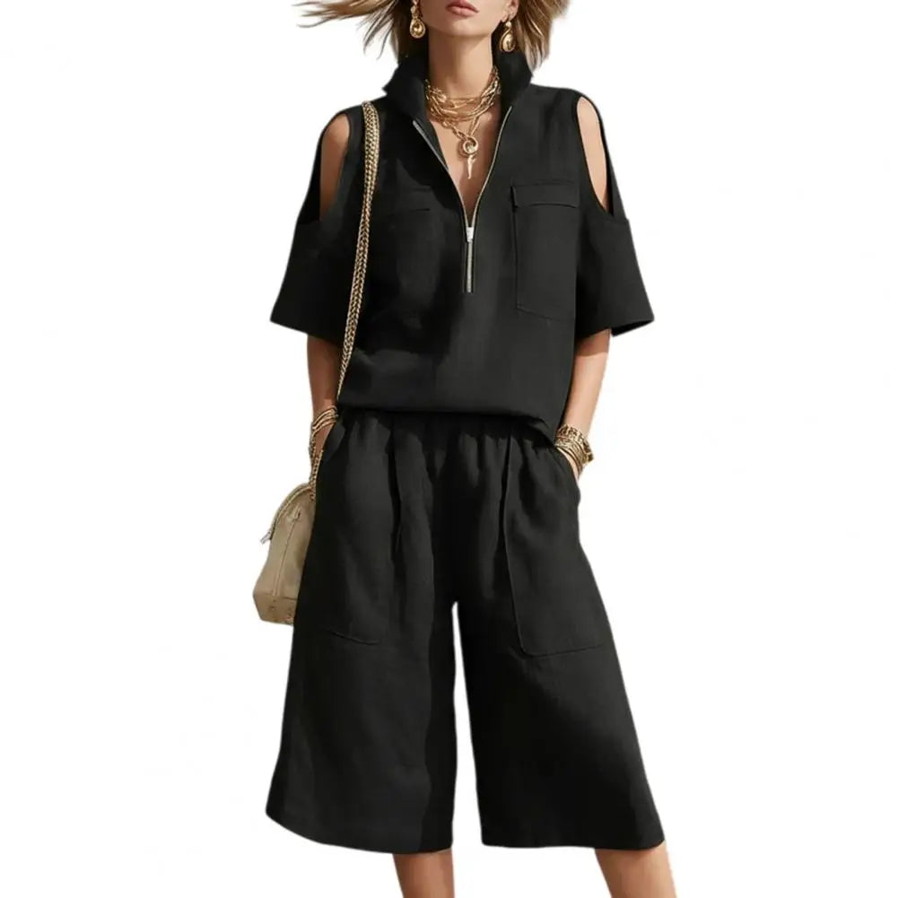 Cold Shoulder Zip Two-Piece Linen Set