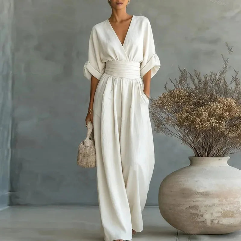 Deep V Wrap Wide Leg Jumpsuit