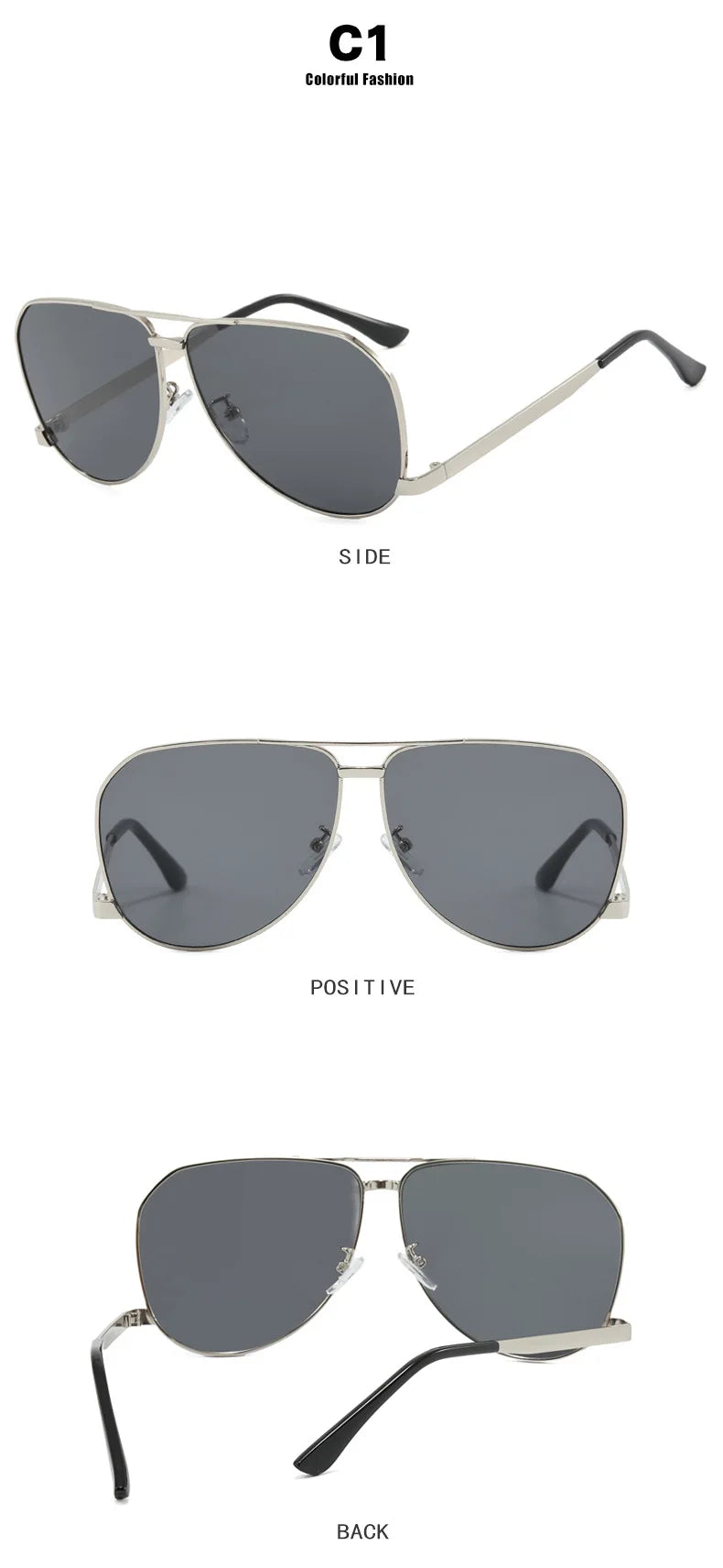 Aviator sunglasses shown from side, positive, and back views on a white background.