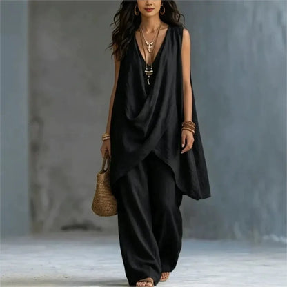 Women's Sleeveless Asymmetrical Linen Blend Set