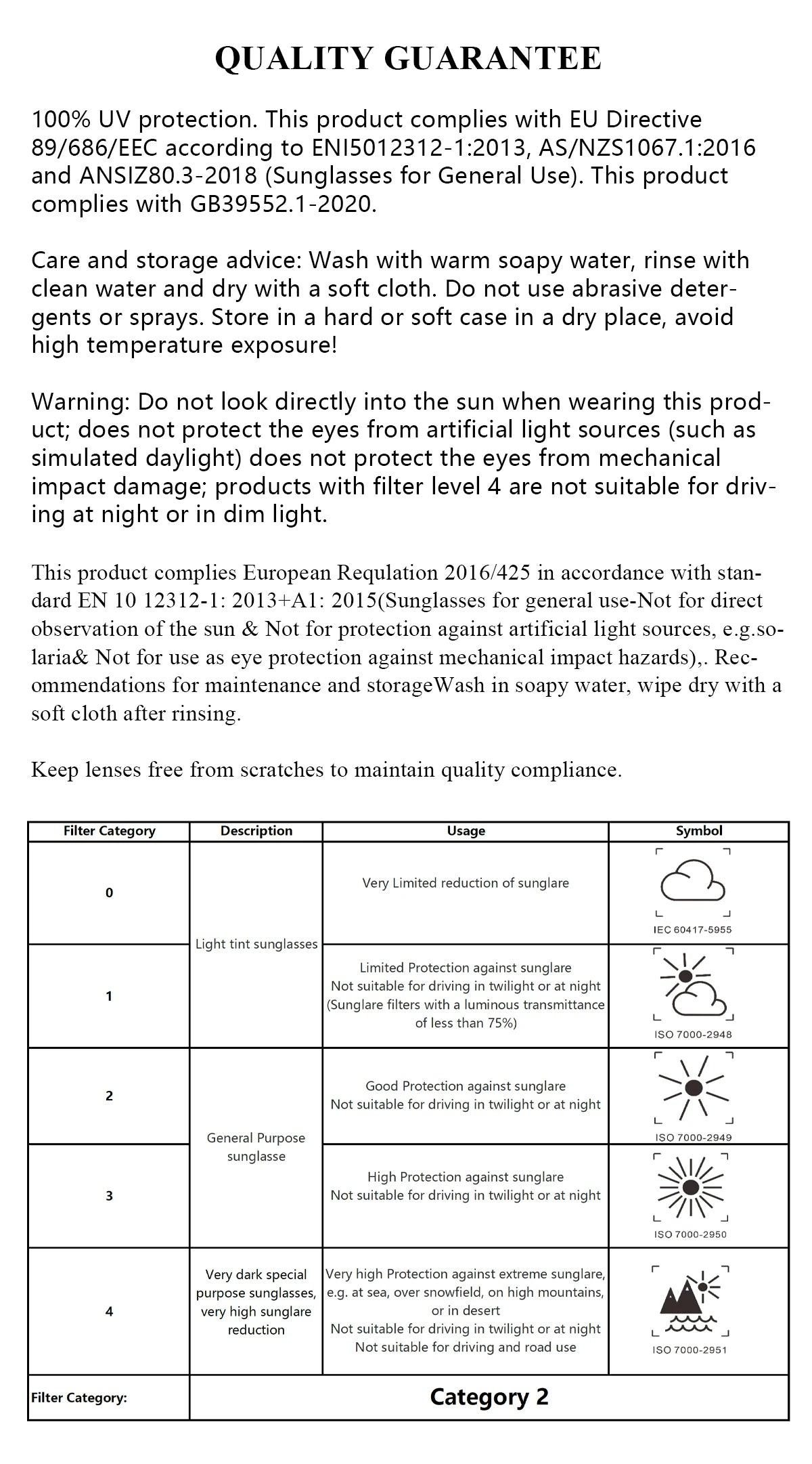 Product label with quality guarantee and care instructions for sunglasses.