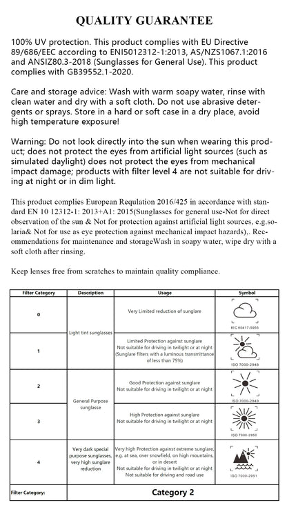 Product label with quality guarantee and care instructions for sunglasses.