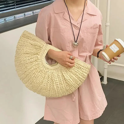 Handmade Half Moon Straw Tote Bag