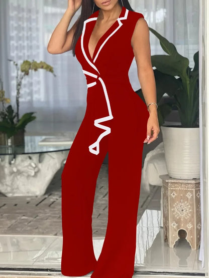 Red jumpsuit with white accents worn by a person indoors.