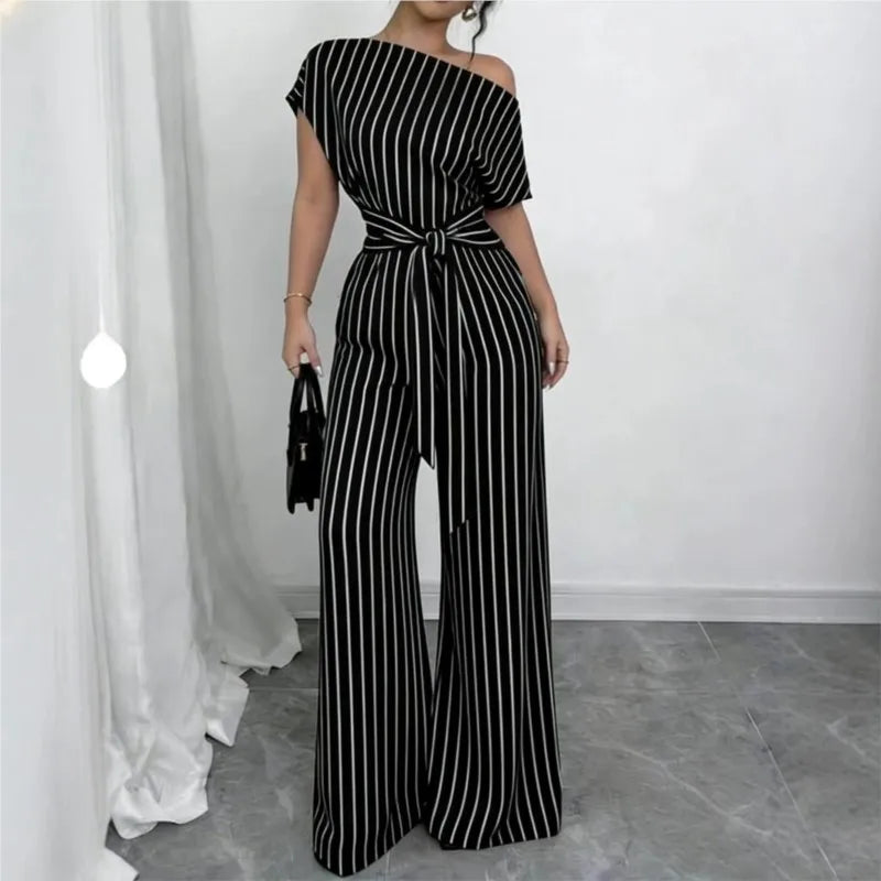 Slanted Shoulder Wide Leg Jumpsuit