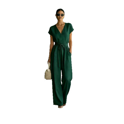 Women's High-Waist Wide-Leg Linen Jumpsuit