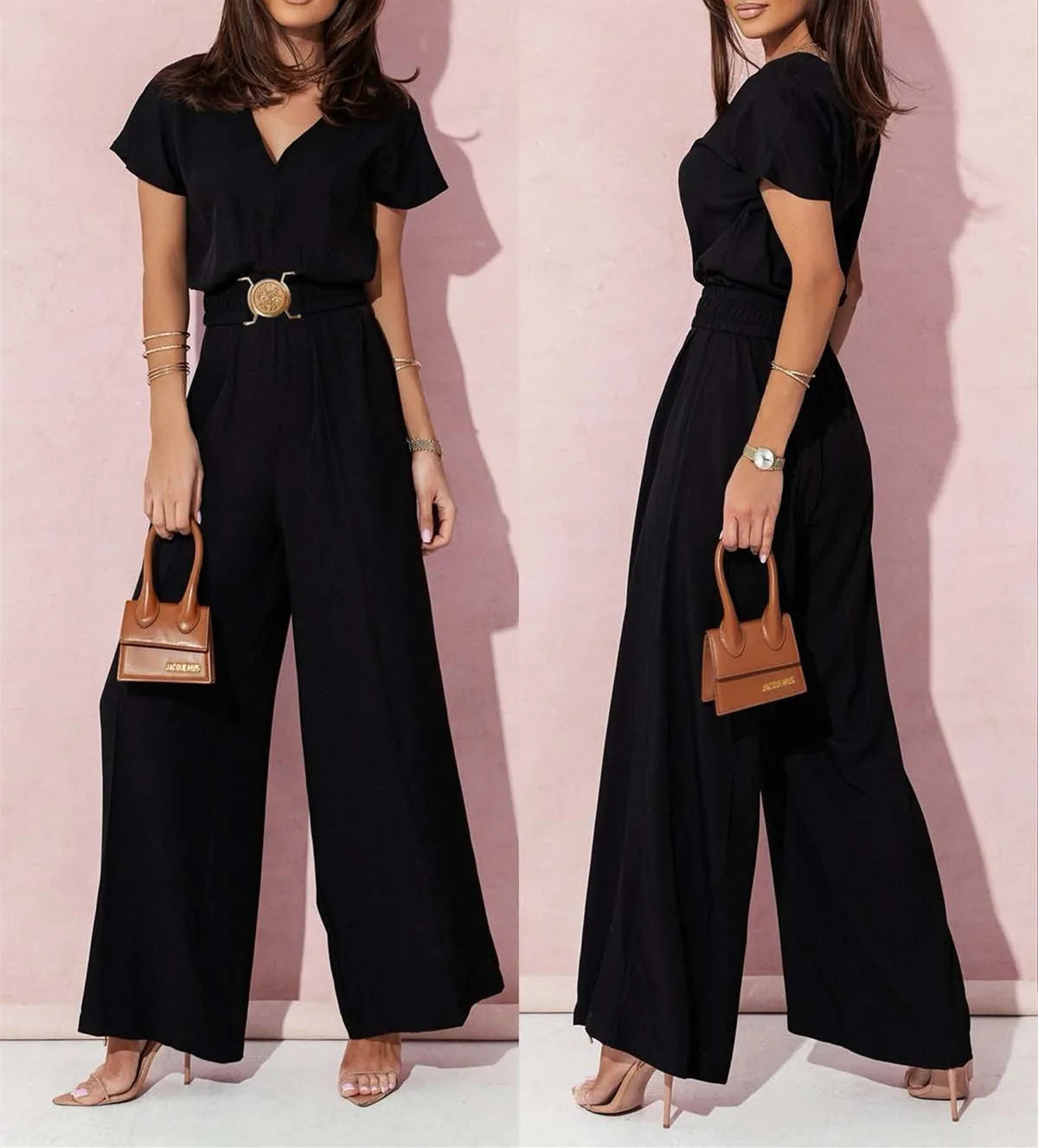 Women's Elegant V-Neck Wide Leg Jumpsuit