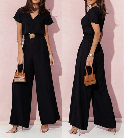 Women's Elegant V-Neck Wide Leg Jumpsuit