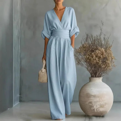 Deep V Wrap Wide Leg Jumpsuit