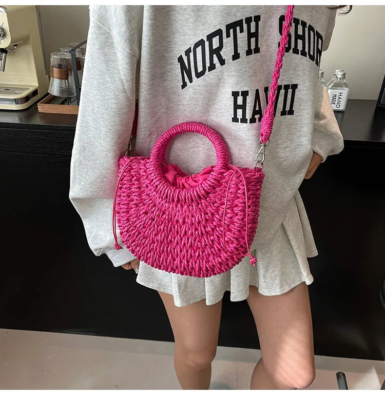 Handwoven Straw Half-Moon Bag