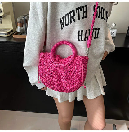Handwoven Straw Half-Moon Bag