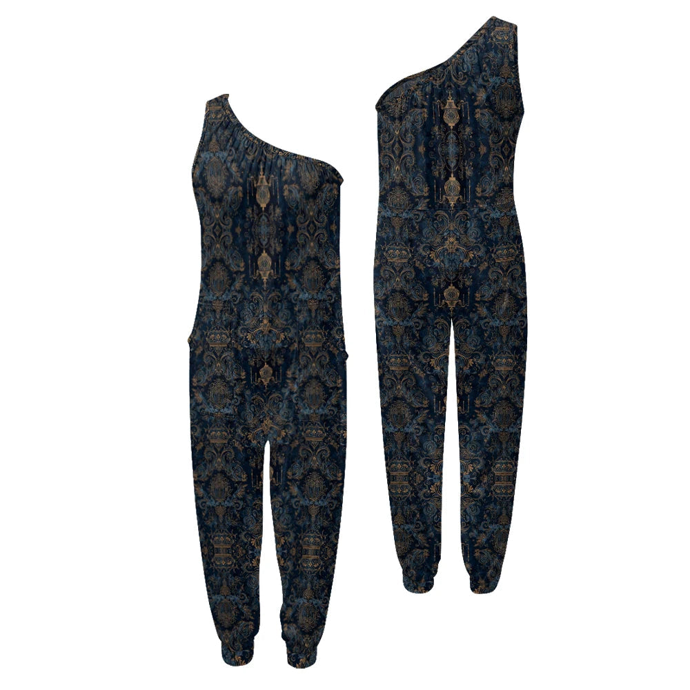 Patterned one-shoulder jumpsuit on a white background.