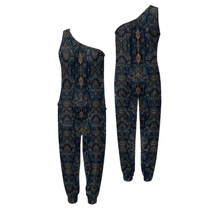 Patterned one-shoulder jumpsuit on a white background.