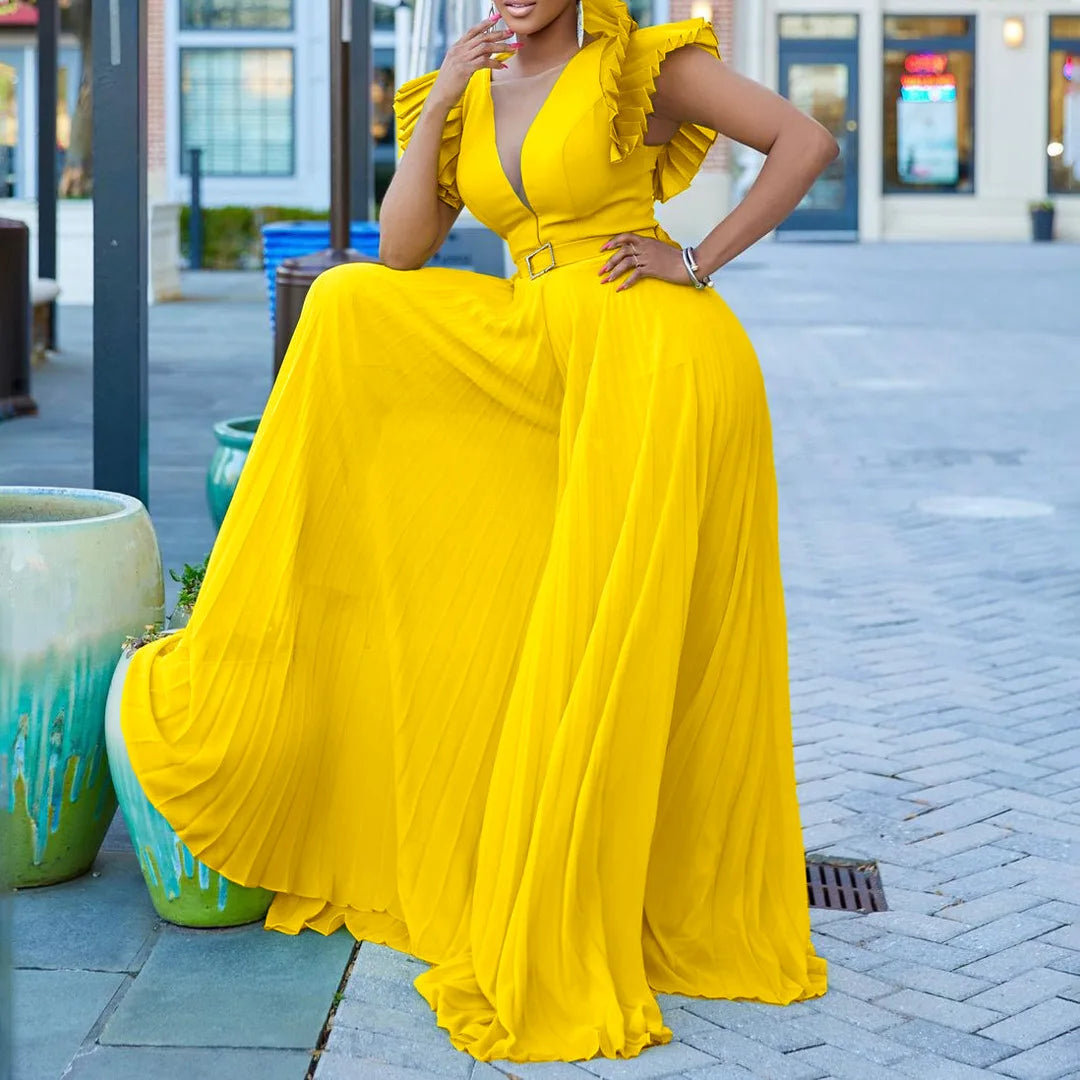 Pleated Flutter-Sleeve Wide Leg Jumpsuit