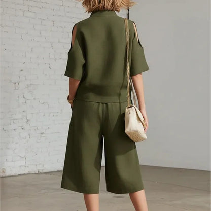 Cold Shoulder Zip Two-Piece Linen Set