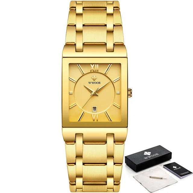 Gold wristwatch with WWOOR branding on a white background