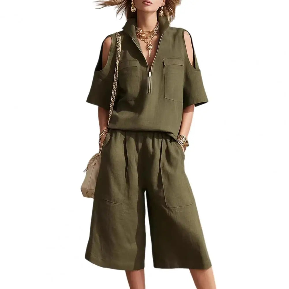 Cold Shoulder Zip Two-Piece Linen Set