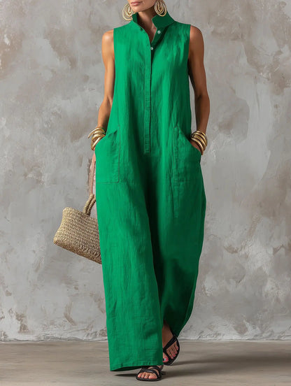 Sleeveless Collared Wide Leg Jumpsuit with Pockets