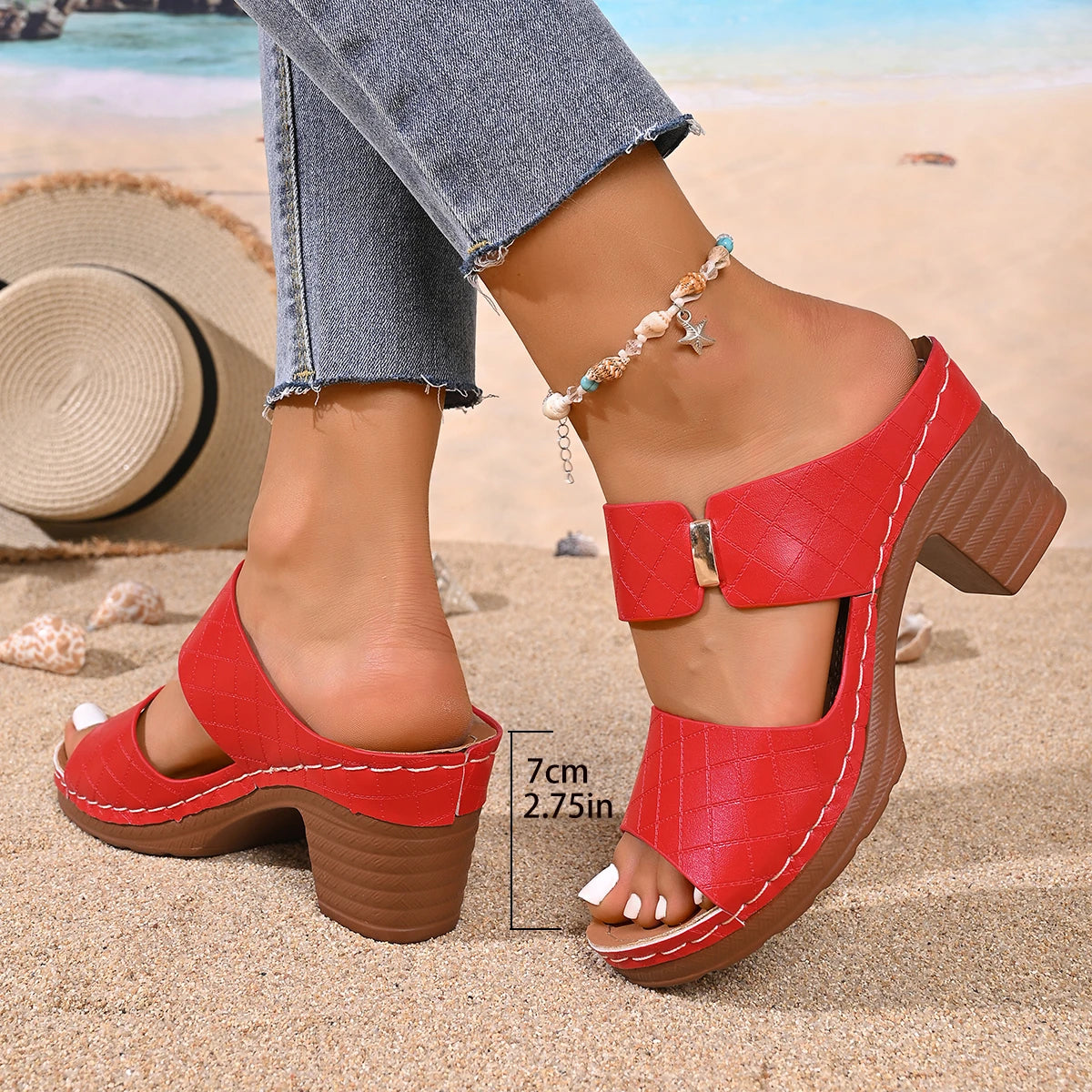 Quilted Strap Block Heel Slide Sandals