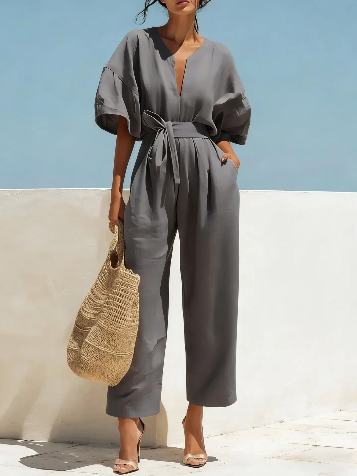 Boho Wide Leg Belted Jumpsuit with Pockets