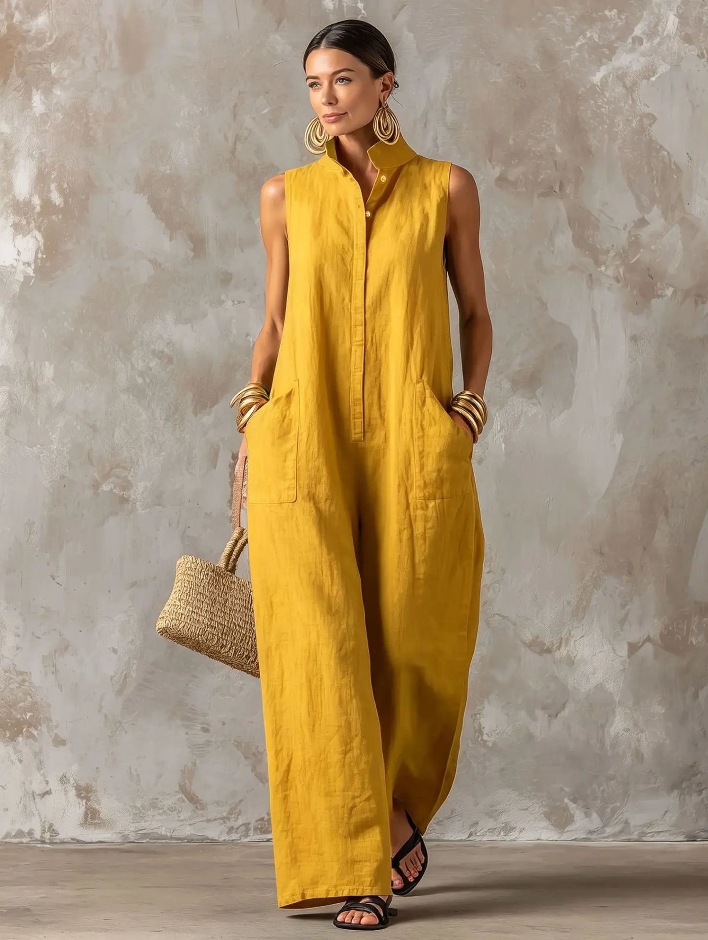 Sleeveless Collared Wide Leg Jumpsuit with Pockets