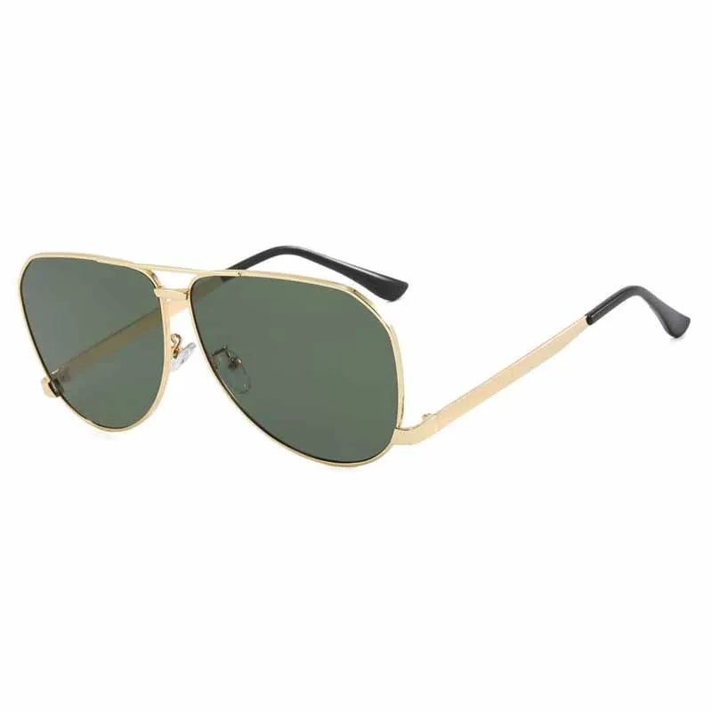 A pair of aviator-style sunglasses with a gold metal frame and dark green lenses, shown against a plain white background.