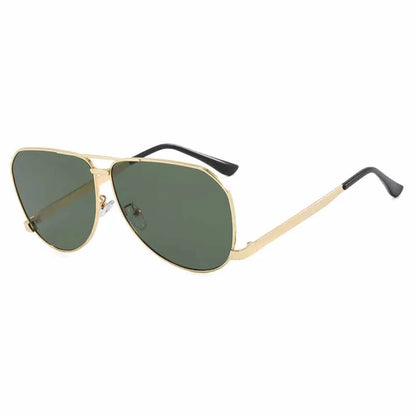 A pair of aviator-style sunglasses with a gold metal frame and dark green lenses, shown against a plain white background.