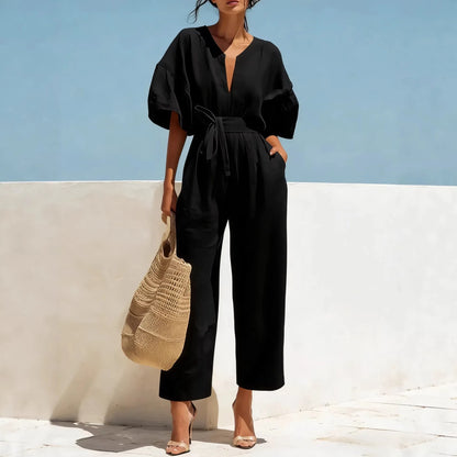 Boho Wide Leg Belted Jumpsuit with Pockets