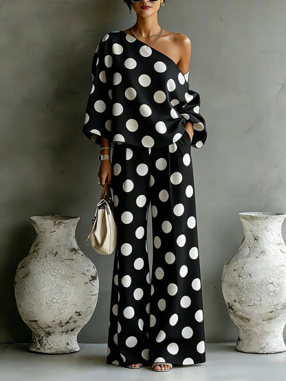 Polka Dot Off Shoulder Wide Leg Pant Set