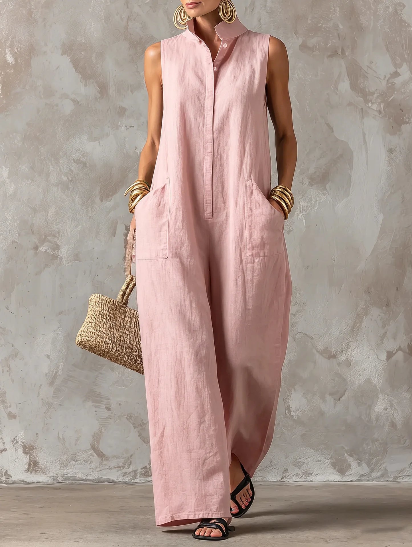 Sleeveless Collared Wide Leg Jumpsuit with Pockets