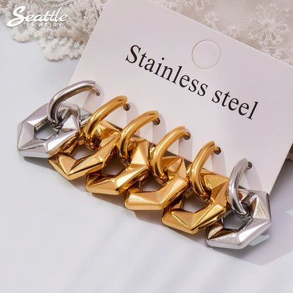 Pair of stainless steel chain earrings on a 'Seattle Jewelry' branded card.