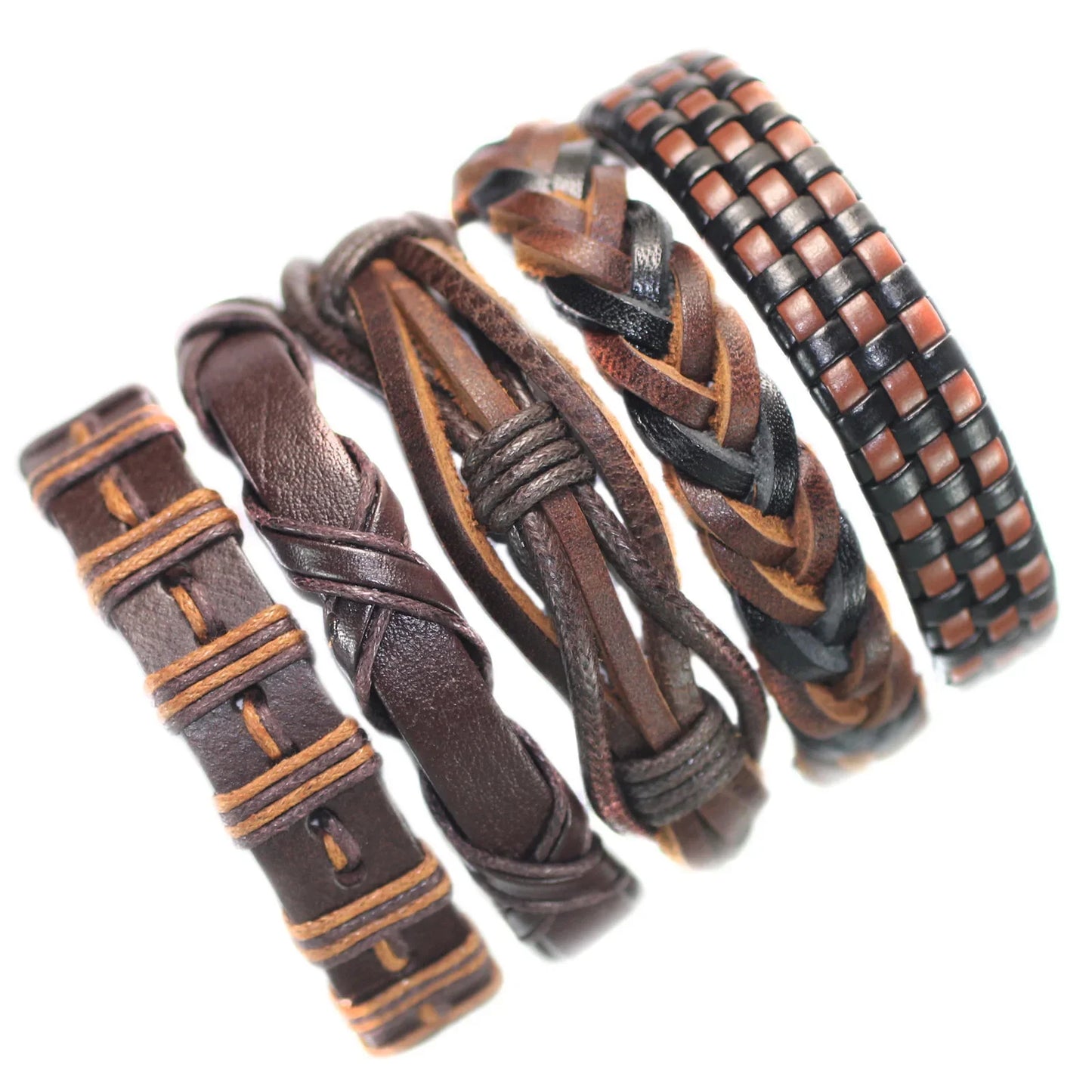 Set of brown leather bracelets with braided and woven designs on a white background