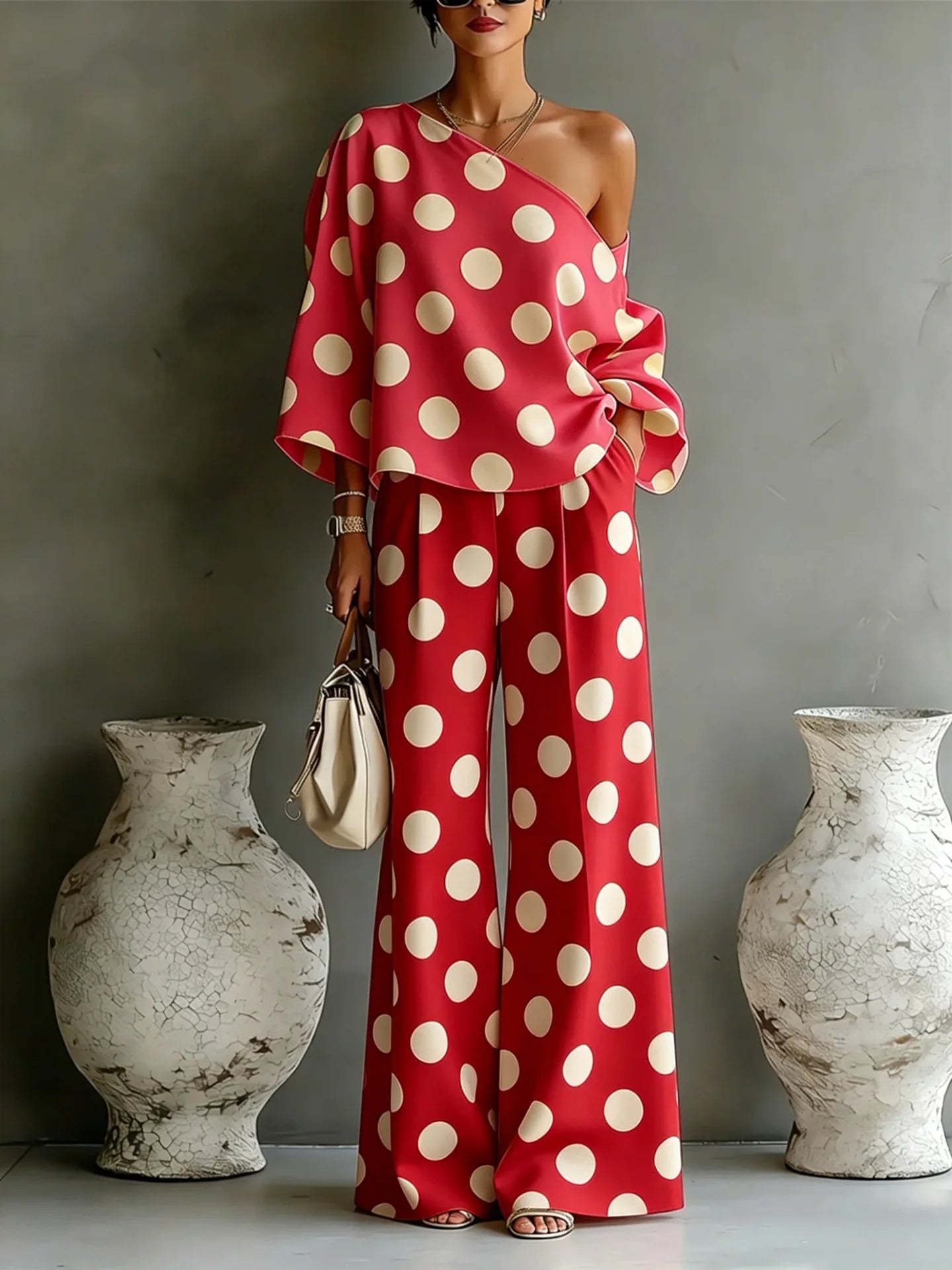 Polka Dot Off Shoulder Wide Leg Pant Set