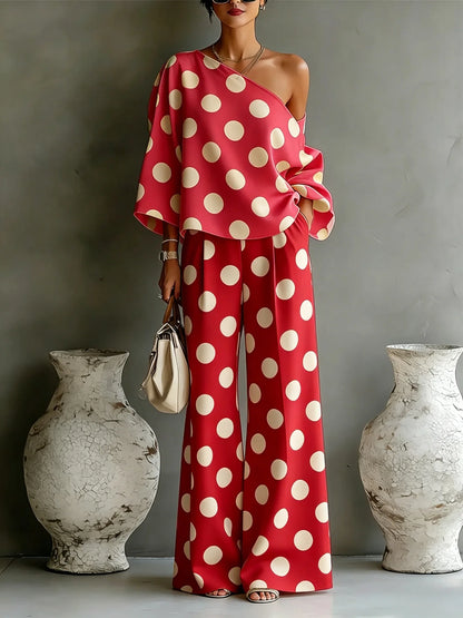 Polka Dot Off Shoulder Wide Leg Pant Set