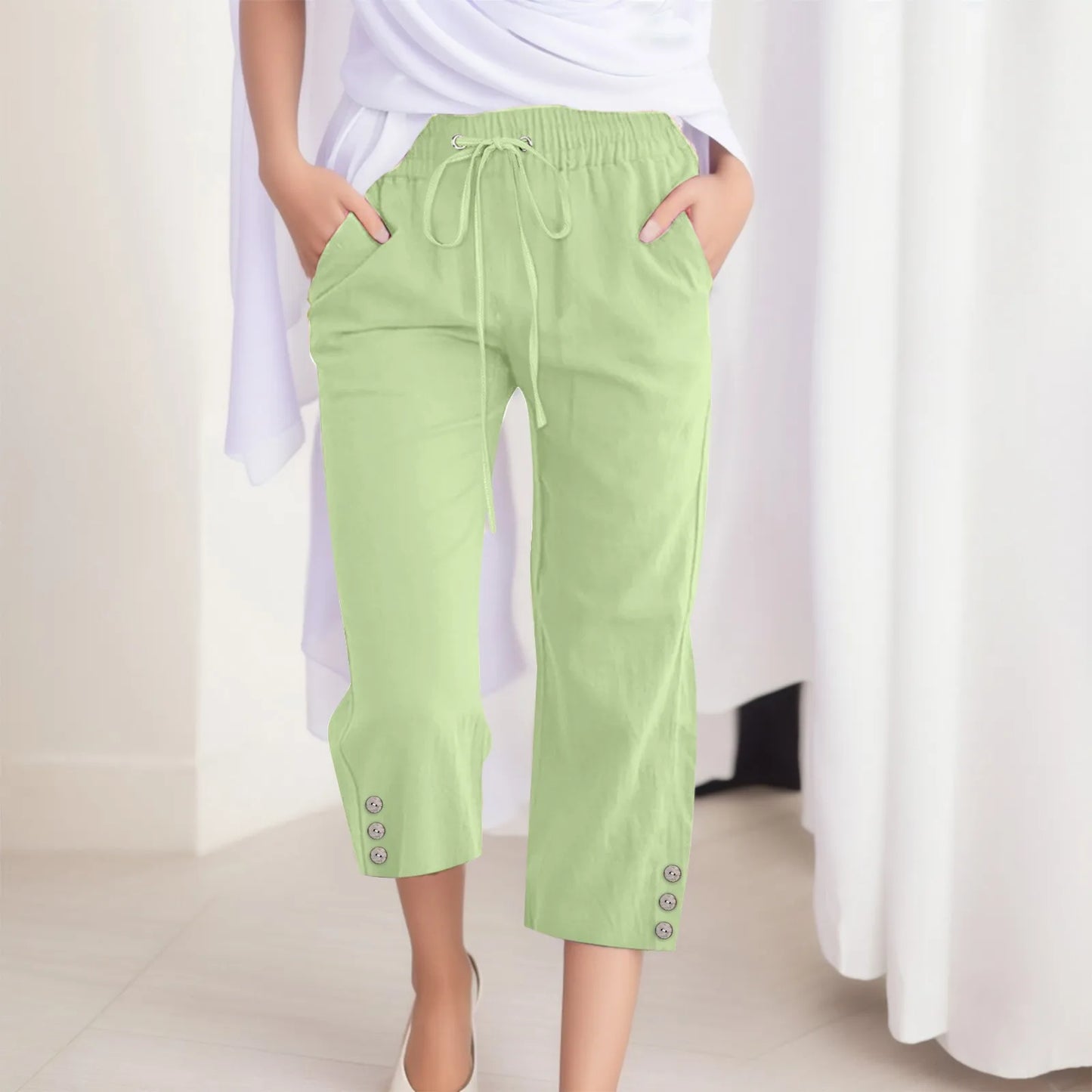 Cotton Linen Capri Pants For Women