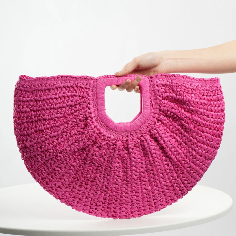Handmade Half Moon Straw Tote Bag