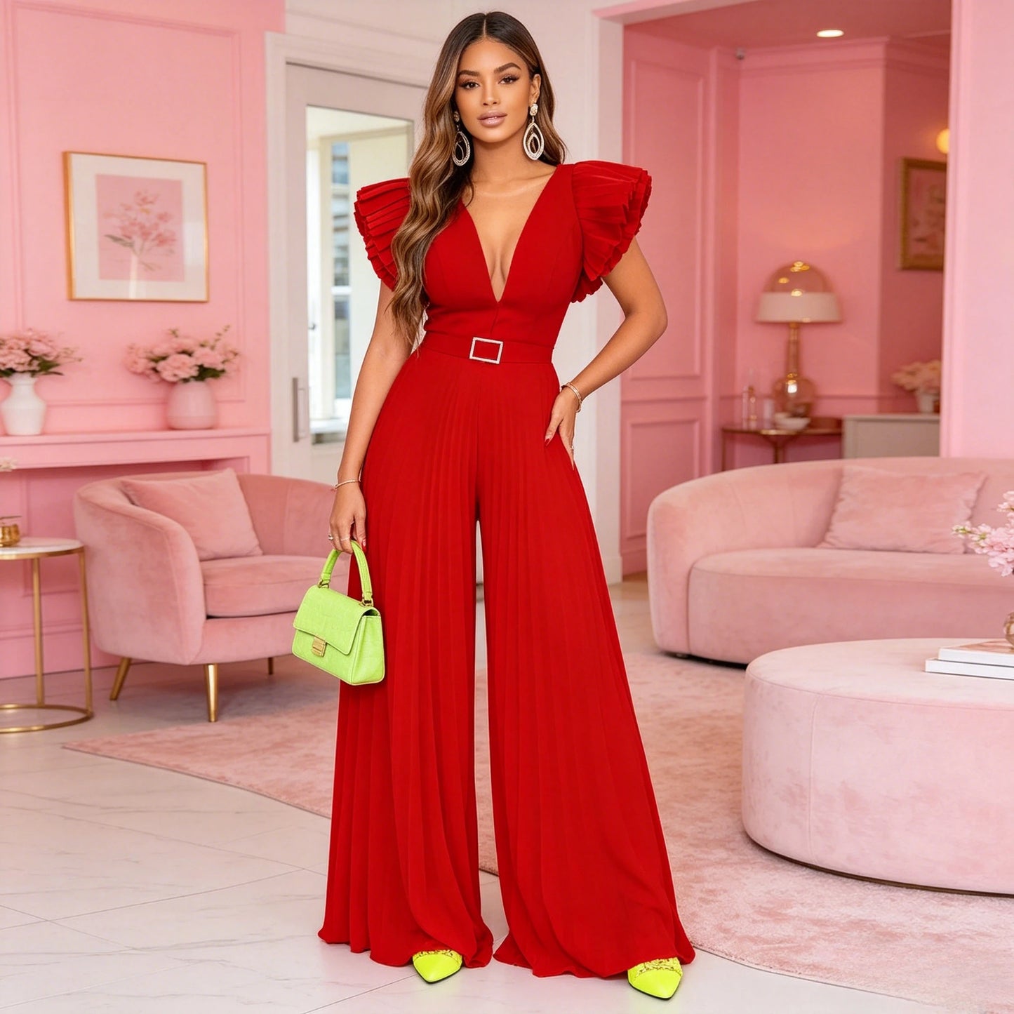 Pleated Flutter-Sleeve Wide Leg Jumpsuit
