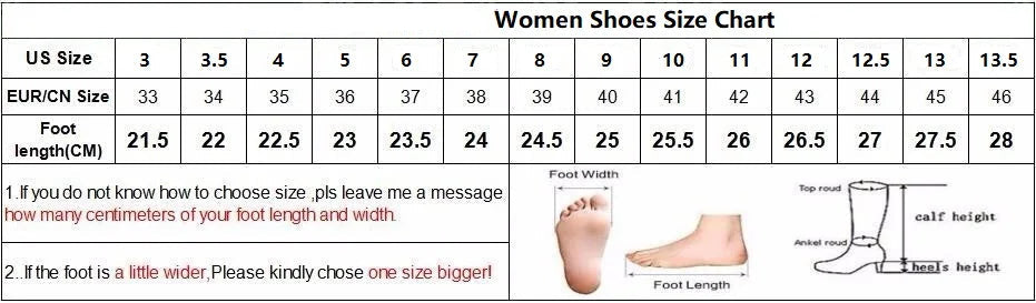 Women Shoes Size Chart with foot measurements and size conversion chart.