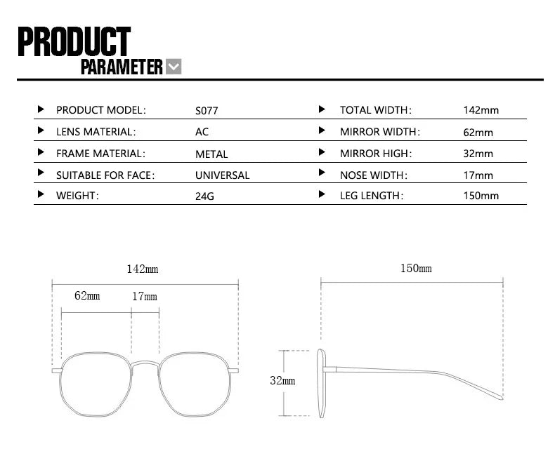 Product parameter chart for sunglasses with dimensions and specifications.