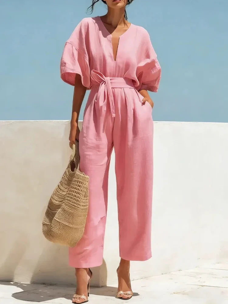 Boho Wide Leg Belted Jumpsuit with Pockets