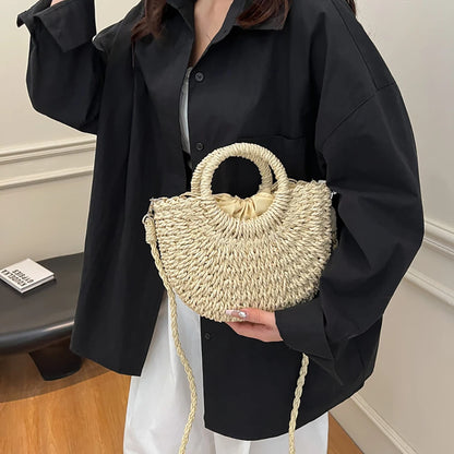 Handwoven Straw Half-Moon Bag