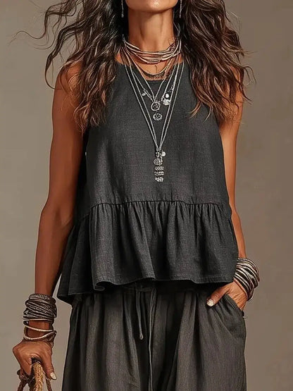 Women's Boho Linen Wide Leg Pant Set