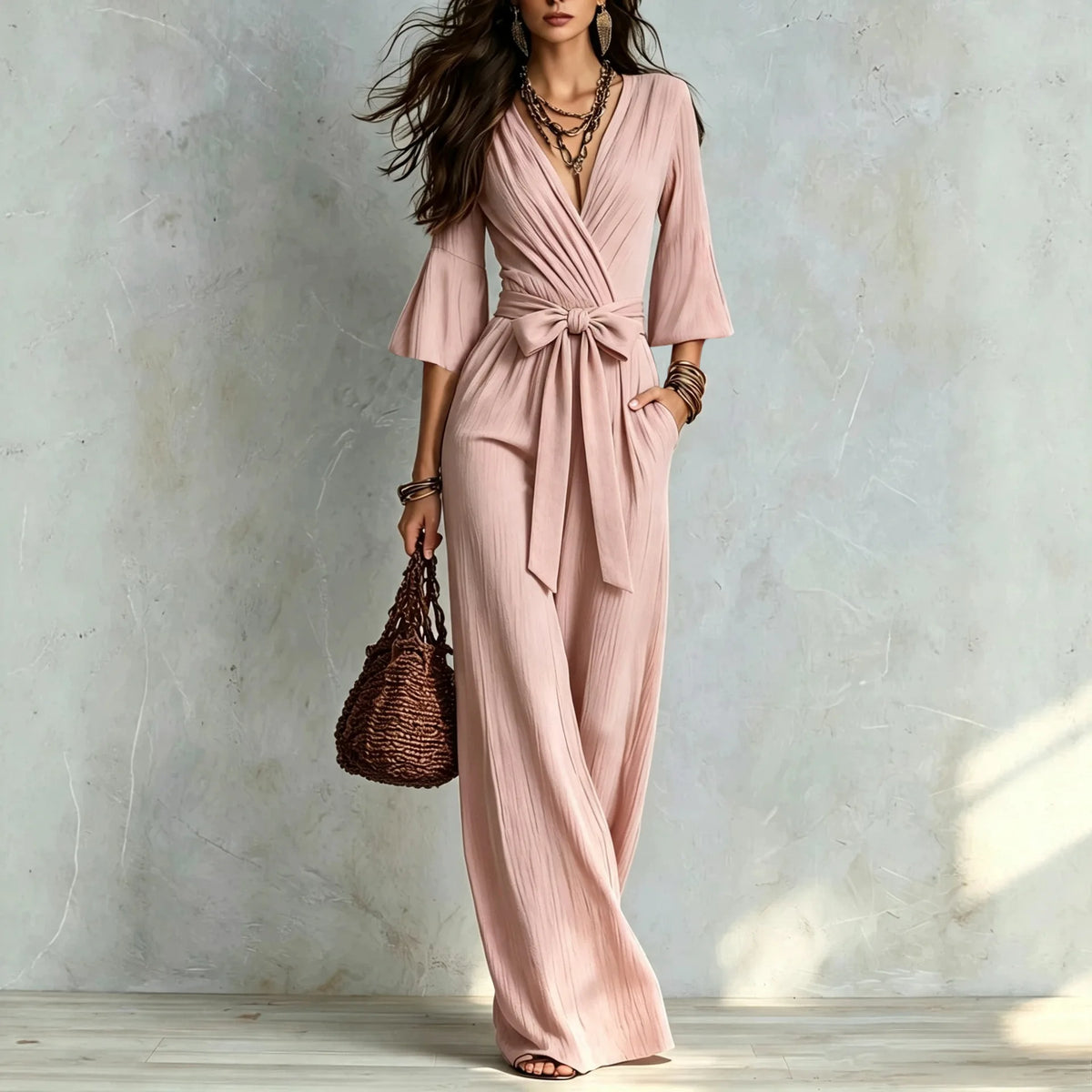 Elegant V-Neck Puff Sleeve Jumpsuit