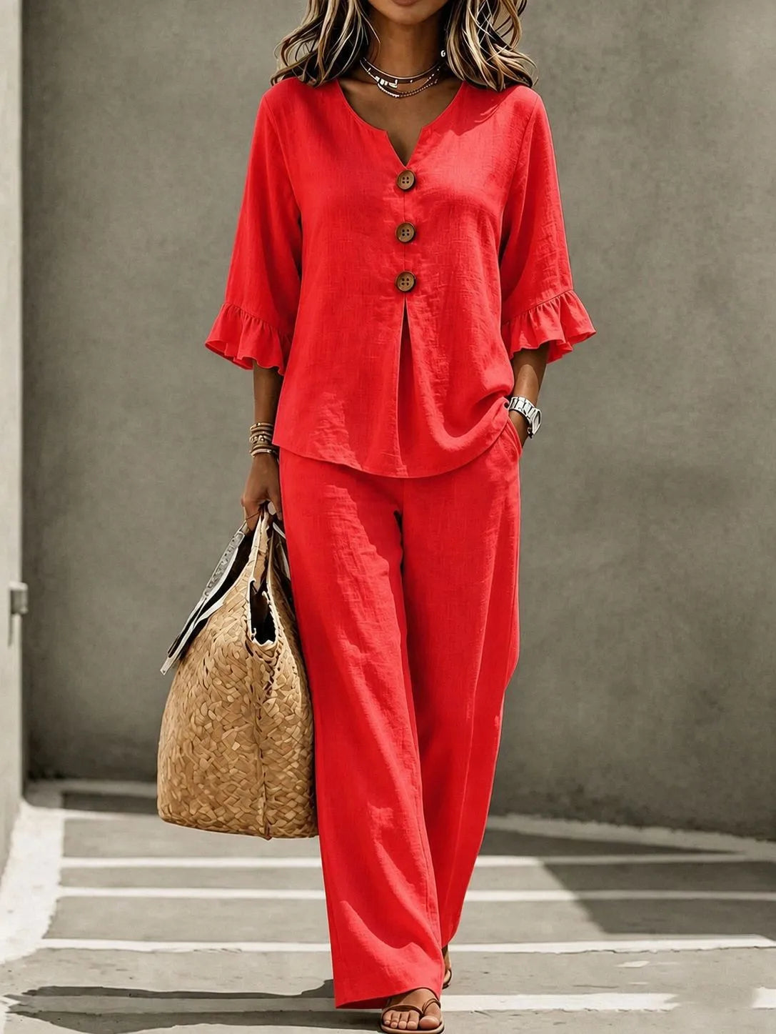 Ruffled Linen Look Two Piece Set