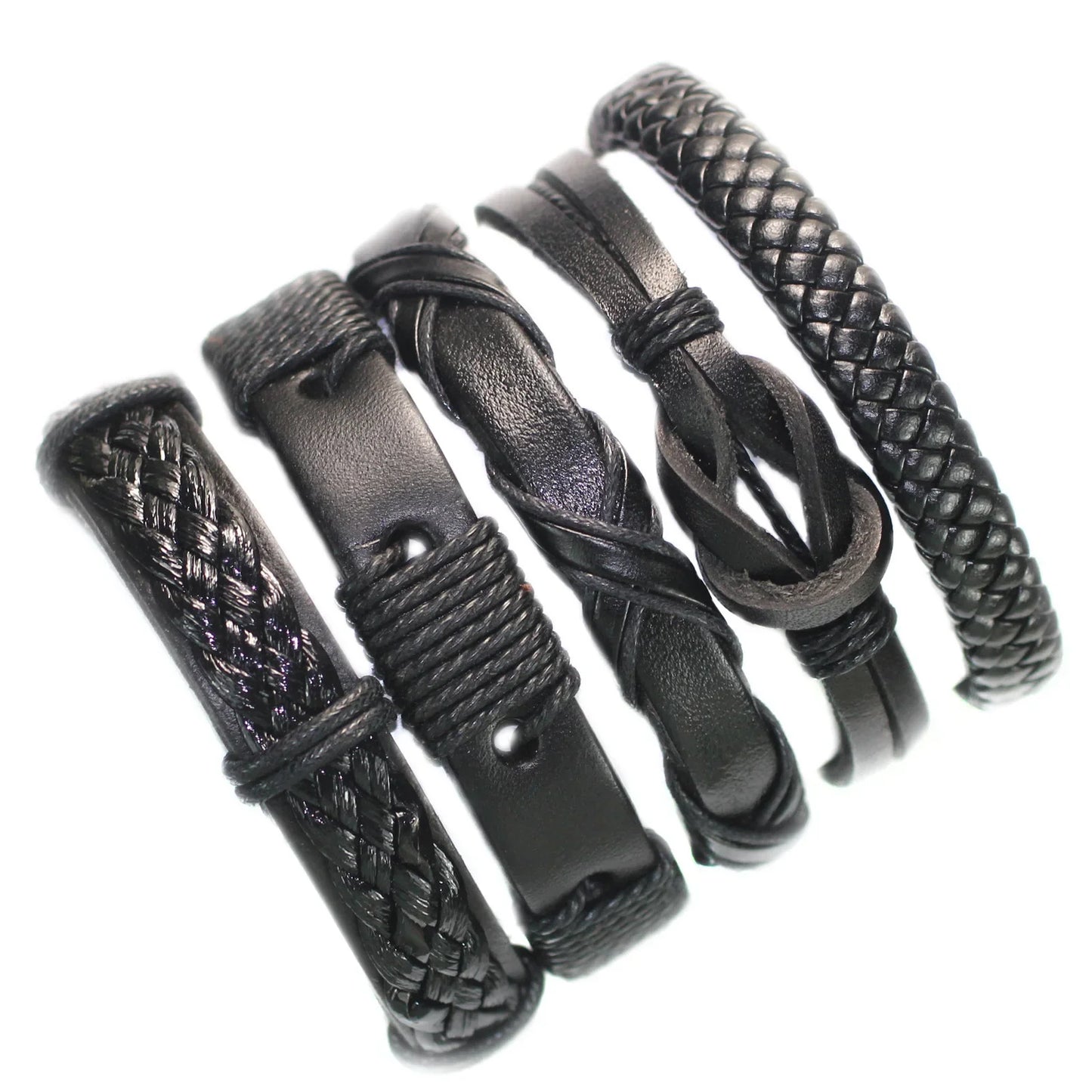Set of black leather straps with braided ends on a white background