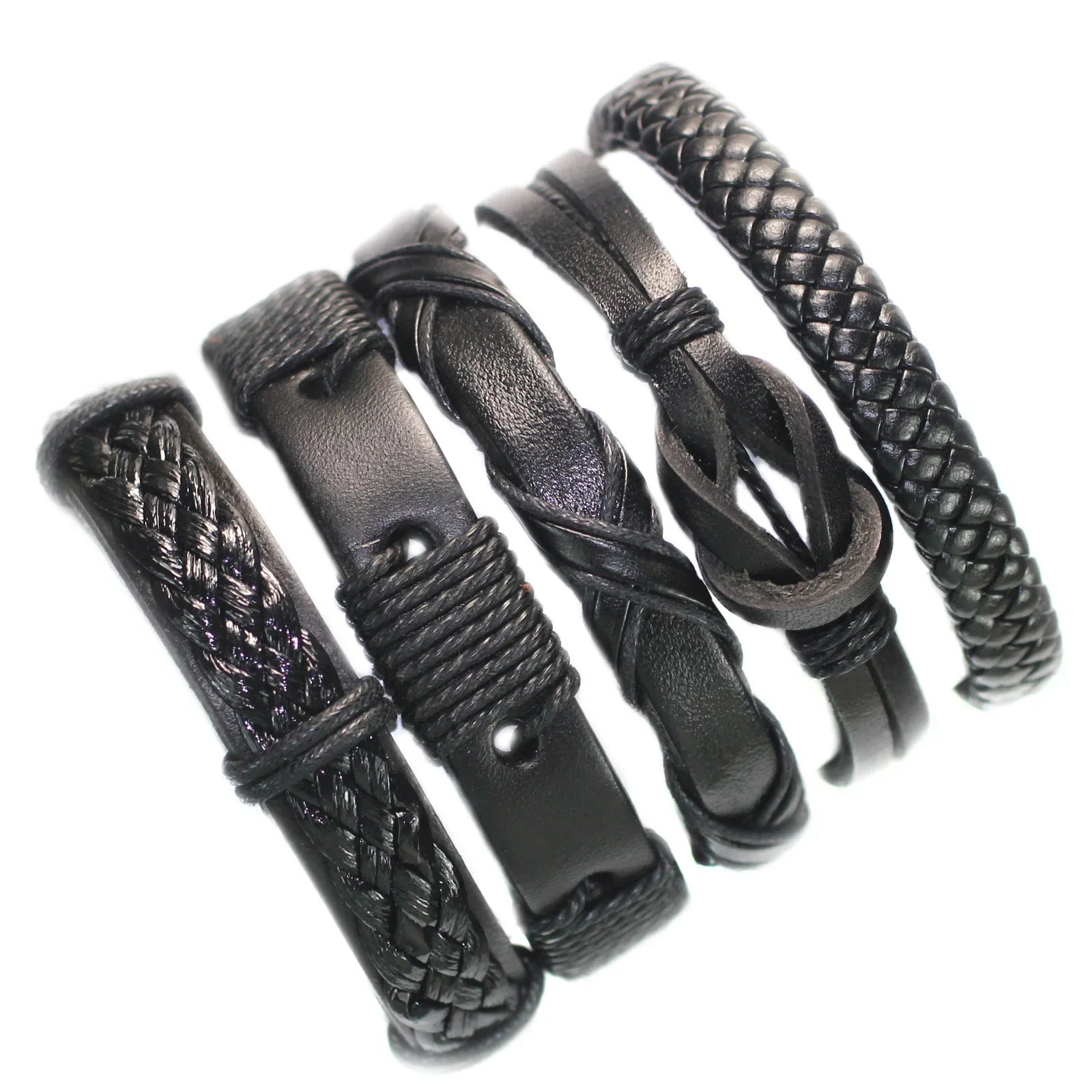 Set of black leather straps with braided ends on a white background